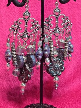 Ornate Purple Beaded Chandelier Earrings